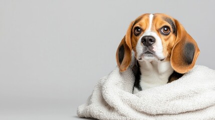 Beagle dog wrapped in blanket, studio shot, grey background, pet care