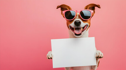 Happy dog wearing sunglasses and holding a blank sign in a fun setting