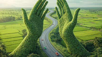Surreal landscape with giant green hands made of foliage cradling a curved road, surrounded by lush terraced fields and forest.
