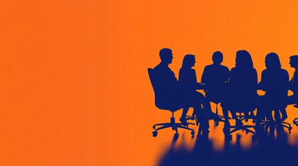 A group of professionals sitting in a meeting room silhouetted against a bold orange and blue background creating a dramatic corporate atmosphere  
