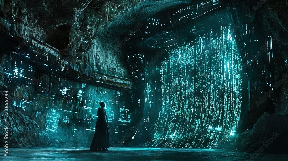 Poster digital mining innovation glowing interface in mysterious cave environment for futuristic exploratio