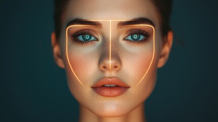 A close-up of a woman"s face with striking blue eyes, accentuated by geometric lines, creating a modern and artistic aesthetic.