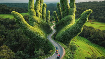 Surreal landscape with giant green hands made of foliage cradling a curved road, surrounded by lush terraced fields and forest.
