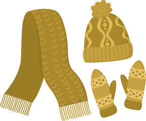 Set of knitted warm things of green color. Cute winter clothes scarf, hat and gloves
