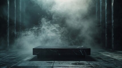 ark Room with a Black Stone Floor and an Empty Black Space, Creating a Stark and Mysterious Atmosphere of Solitude and Silence