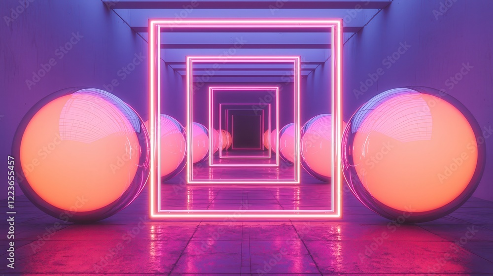 Aufkleber a vibrant, futuristic space featuring glowing spheres and neon frames, creating a mesmerizing depth 