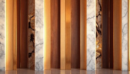 vertical wooden and marble panels with golden accents for luxurious and modern sauna design inspiration