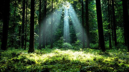 Obraz premium Sunbeams in lush green forest, tranquil nature scene, ideal for peace, serenity themes