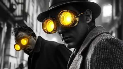 A noir-style image of a man wearing glowing yellow goggles in a shadowy setting, with another figure in the distance.
