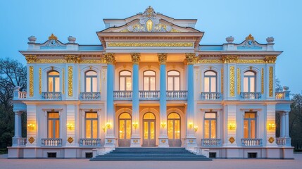 Naklejka premium A stunning, illuminated palace with intricate architecture, featuring grand columns and ornate details, set against a twilight sky.