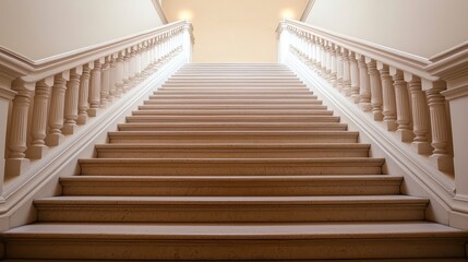 A well-lit staircase with elegant wooden steps and a decorative railing, leading upward to an inviting, softly illuminated space.