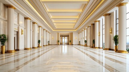 A spacious, elegantly designed corridor featuring marble floors, tall windows, and decorative plants, illuminated by warm lighting.