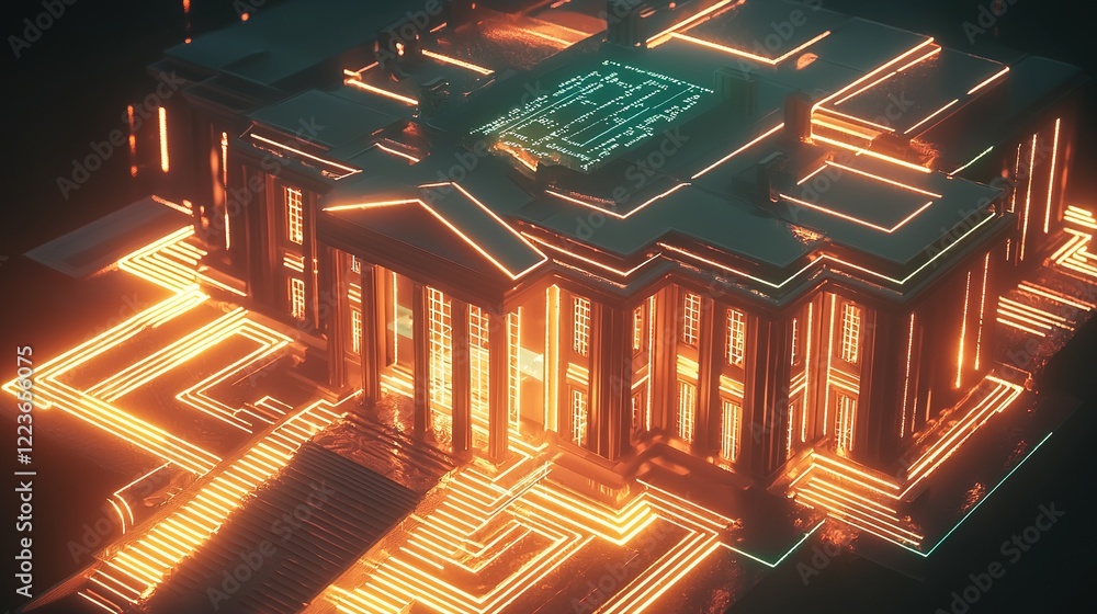 Poster illuminated financial institution digital realm 3d visualization futuristic setting aerial view conc