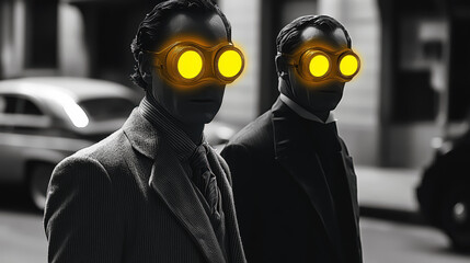 A noir-style image of a man wearing glowing yellow goggles in a shadowy setting, with another figure in the distance.
