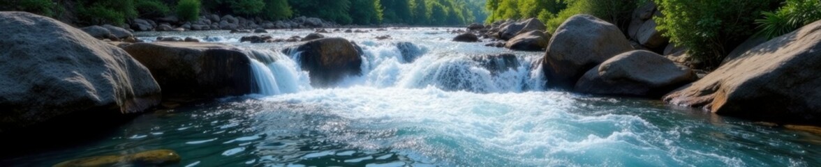 Shimmering river water cascades over rough rocks, landscape, nature, scenery