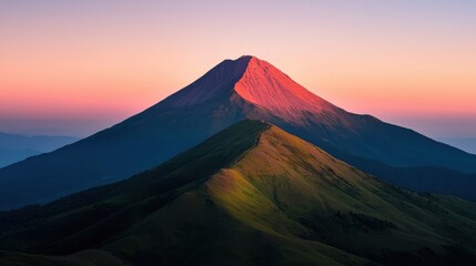 A stunning volcanic peak at dawn, bathed in warm hues, surrounded by lush green hills and a vast landscape.