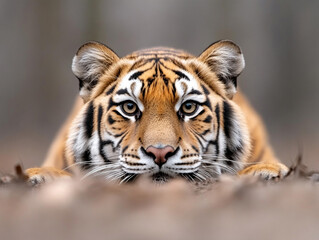 Naklejka premium Wild tiger in a stealthy hunting position in nature