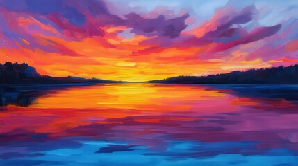 Fototapeta premium A vibrant sunset casts warm hues over a tranquil water surface, reflecting an array of colors in the sky and water.