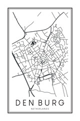 Printable downtown road map poster of the Dutch city of DEN BURG on solid white background with city name