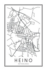 Printable downtown road map poster of the Dutch city of HEINO on solid white background with city name