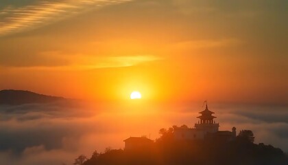Sunrise Over Foggy Mountains Temple Silhouette