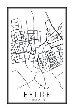 Printable downtown road map poster of the Dutch city of EELDE on solid white background with city name