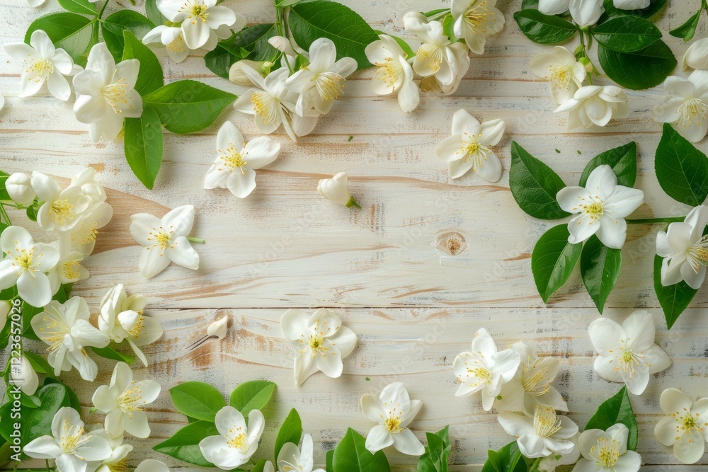 Poster frame of jasmine flowers lying on a wooden table creating a beautiful spring background