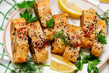 Lavash roll baked with minced meat and cheese.top veiw