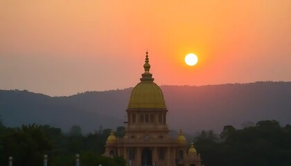 Obraz premium Golden Dome Building Sunset Silhouette Landscape
