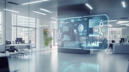 A high-tech augmented reality display system with a sleek design in a clean, modern office environment, showcasing advanced AR capabilities and interactive features