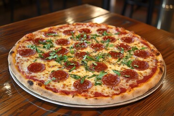 A large pizza topped with pepperoni, cheese, and fresh basil, placed on a rustic wooden table