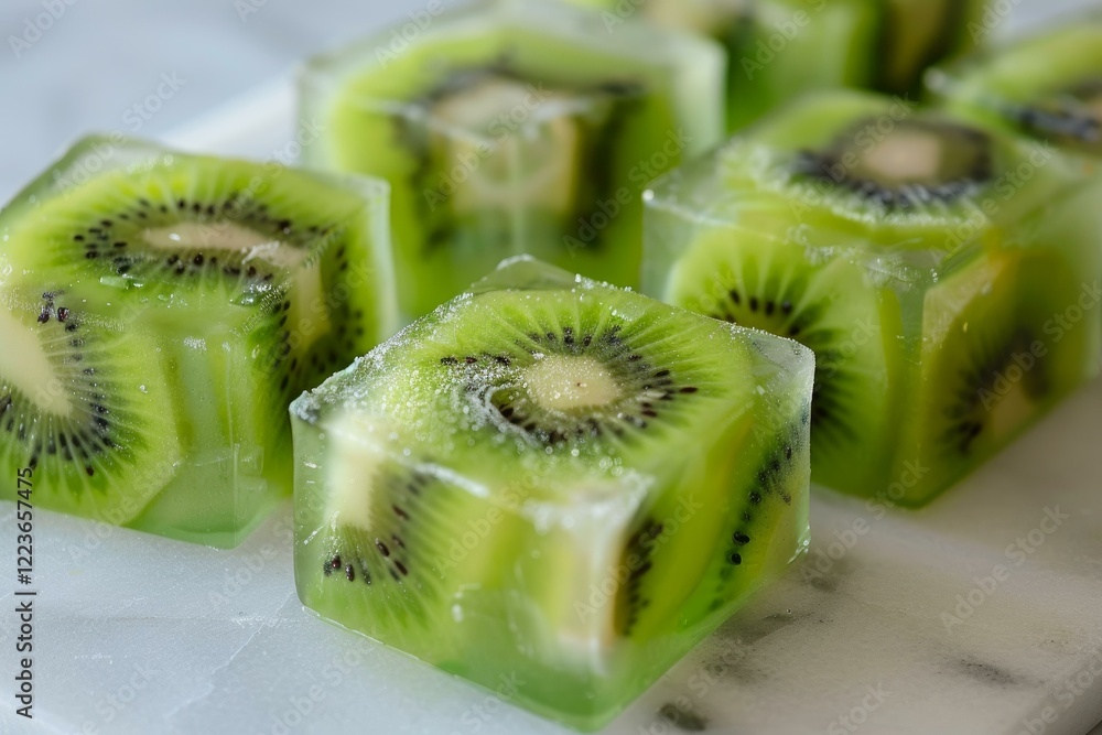 Poster refreshing kiwi slices are frozen inside ice cubes, creating a visually appealing and cool treat