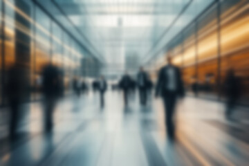 A Blurry Photograph Of Businesspeople Walking In An Office Building With Glass Walls And Modern Architecture Motion Blur Creating Energy And Dynamism Conveying Innovation Generative Ai