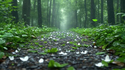 Rainy forest path, white petals, misty atmosphere, nature serenity, background use