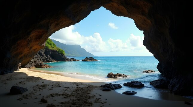 Interior view through the arch of a stone cave overlooking a tropical beach surrounded by turquoise sea, ocean. In unsplash photography style.