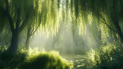 Obraz premium Peaceful Green Nature Landscape with Sunlight Filtering Through Willow Trees