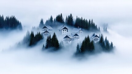 Misty mountain village nestled in evergreen forest