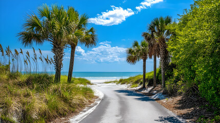 Obraz premium Scenic Coastal Road with Palm Trees and Sandy Beach Under Blue Sky