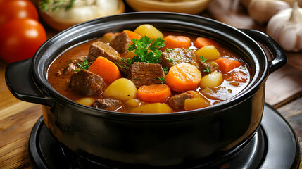 Slow-cooked beef stew in a Dutch oven pot on the stove for comfort food