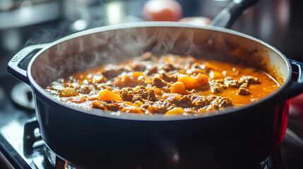 Slow-cooked beef stew in a Dutch oven pot on the stove for comfort food