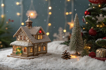 Illuminated Christmas village house with snow, tree, lights.