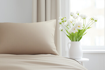 A cozy bedroom scene featuring a beige pillow on a neatly made bed, with a white vase of fresh white flowers on a small side table. Natural light filters through a window