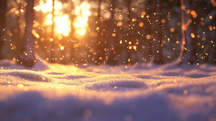 Naklejka premium Magical Christmas Snowfall Background: Golden Sunset Winter Forest Scene with Soft Snowdrifts – Perfect for Holiday Designs and Festive Vibes