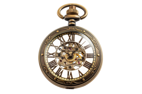 An intricately designed vintage pocket watch showcases an elaborate skeleton mechanism with Roman numerals against a warm golden hue isolated on transparent background