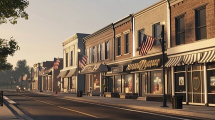 Charming Small-Town Main Street with Unique Store Fronts, U.S. Flags, and Flexible Space for Commercial Use – Perfect for Design or Marketing Projects