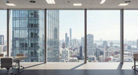 Modern Office with Panoramic City View, Spacious Workspace, Large Windows