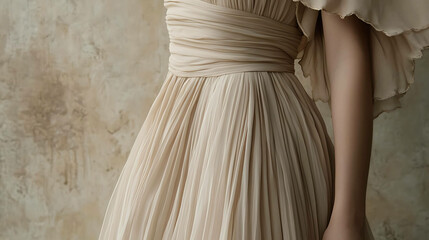 Soft beige midi dress with layered fabric and a romantic silhouette