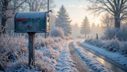 Frost-covered mailbox on rural road, morning sunlight and mist