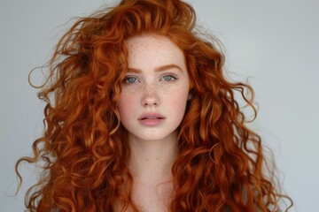 Fototapeta premium Studio portrait of a young woman with long, voluminous, and vibrantly red curly hair and freckles