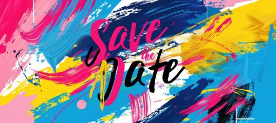 Colorful Save the Date Card Design with Abstract Brushstrokes and Modern Typography